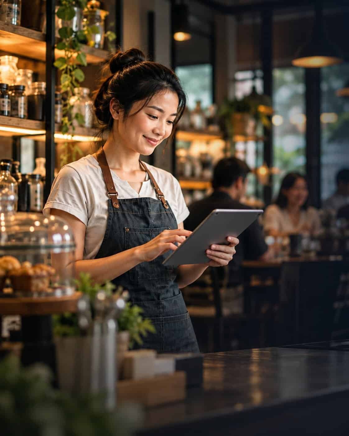Café owner checking orders on a tablet — a small business website client